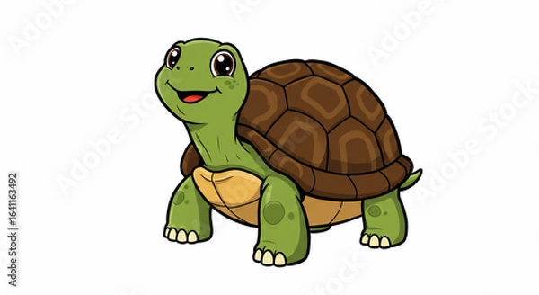 Fototapeta Cartoon illustration of a smiling, green turtle with a brown shell, standing on a white background.