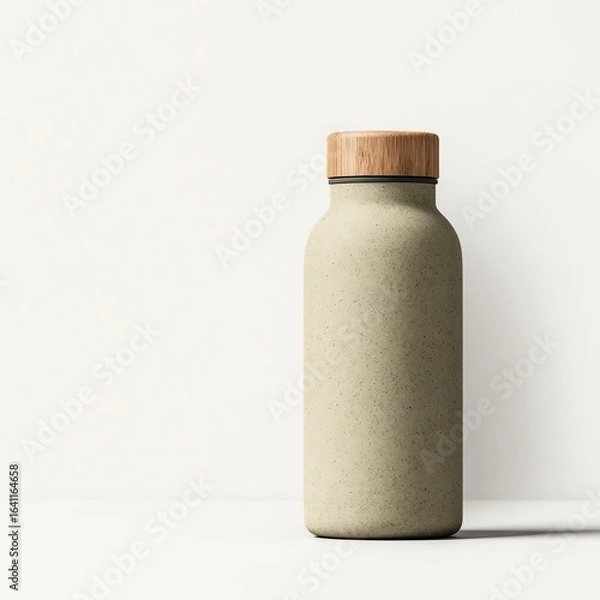 Fototapeta A sleek, minimalist water bottle with a wooden lid, set against a plain background, emphasizing a modern and eco-friendly design.
