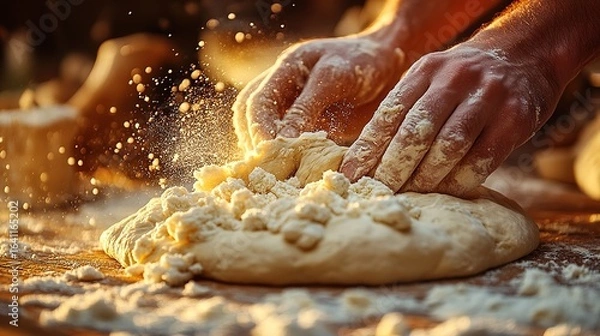 Fototapeta Kneading Dough with Flour Dust in Warm Light for Baking and Cooking Projects