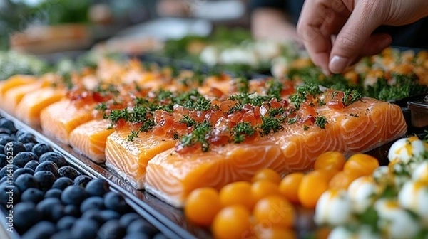 Fototapeta "Freshly Prepared Salmon Fillets with Herbs and Garnishes on a Platter for Catering or Buffet Settings"