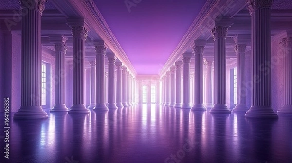 Fototapeta Ancient Greek Columns in a Grand Hall with Purple Lighting and Reflective Floor
