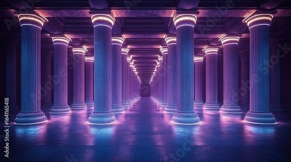 Fototapeta Neon-Lit Ancient Roman Columns in a Mysterious Hallway