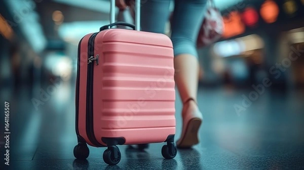 Fototapeta A Pink Suitcase with Wheels in an Airport Terminal