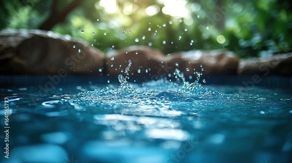 Fototapeta Sparkling Water Splashes in a Pool with Blurred Greenery and Sunlight in the Background