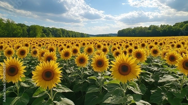 Fototapeta Sunflower Field in Full Bloom with Blue Sky and Green Trees in the Background