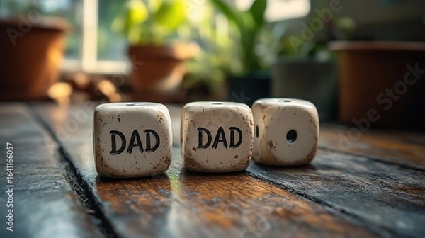 Fototapeta Three Dice with "DAD" on Wooden Table in Indoor Setting with Plants in Background
