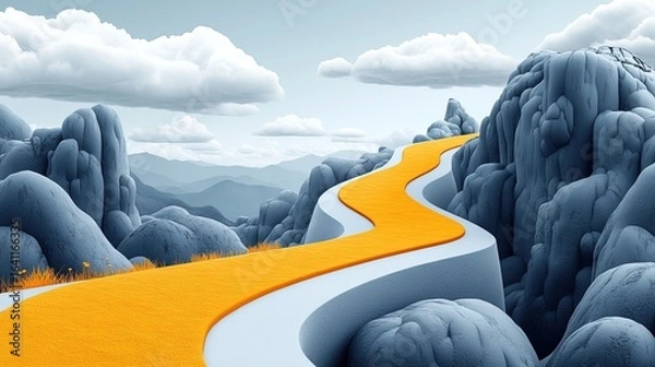 Fototapeta Fantasy Mountain Landscape with Winding Yellow Path, Clouds, and Rocky Terrain, Ideal for Adventure and Nature-themed Projects