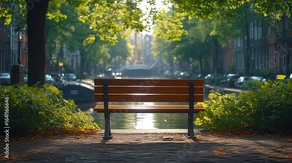 Fototapeta Serene Bench by Canal in Urban Greenery with Sunlight and Reflections