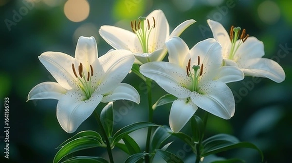Fototapeta White Lilies in Soft Light with Green Background for Floral Design and Nature Projects