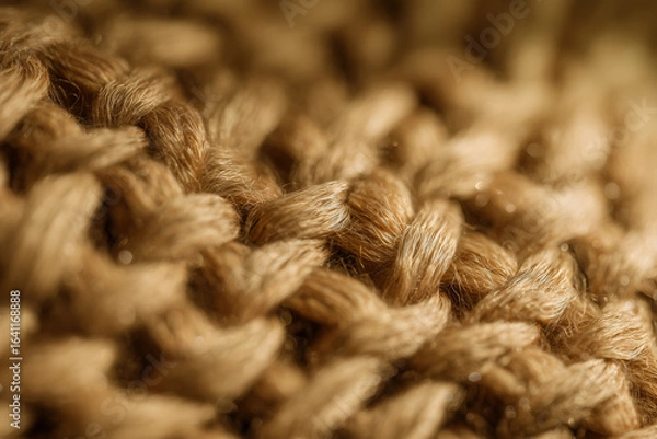 Obraz Close-up of beige knitted fabric showing detailed texture and soft yarn strands, highlighting cozy and warm textile material in natural light.