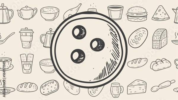 Fototapeta Illustration of a pizza with three olives surrounded by various kitchen and food related items sketched