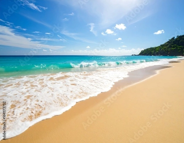 Obraz Sunny beach scene; gentle waves lap golden sand