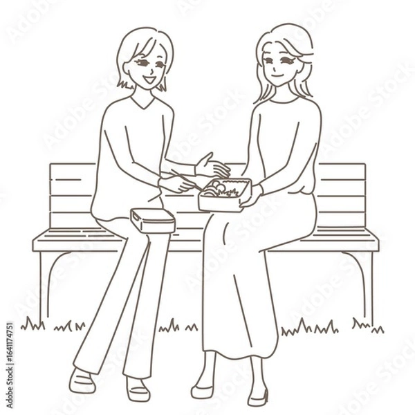 Obraz 公園で二人の女性がお弁当を広げている線画イラスト