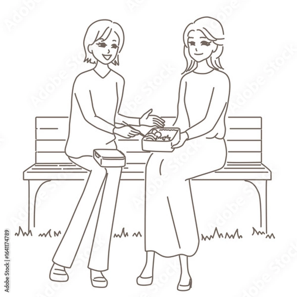 Obraz 公園で二人の女性がお弁当を広げている線画イラスト