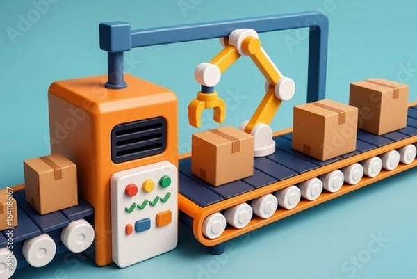 Obraz Colorful Toy Factory's robotic arm carefully lifts a packaged box from conveyor, symbolizing innovation and automated efficiency in playful digital art.