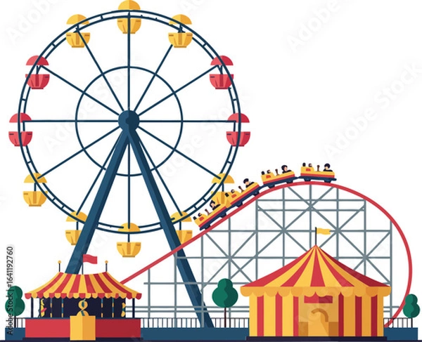 Fototapeta Ferris wheel and amusement park carnival tent with roller coaster in flat vector style