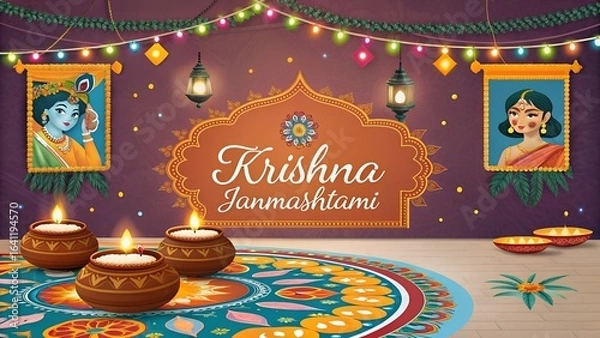 Fototapeta Happy janmashtami peacock feather beautiful background design