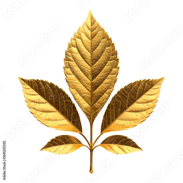 Fototapeta Gold Leaf with Textured Veins on Transparent Background, 3D Realism Design Element