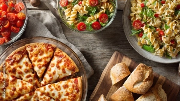 Fototapeta A delicious pizza with several slices is displayed alongside pasta salad, a fresh green salad, and crusty bread rolls, perfect for a family gathering or potluck.