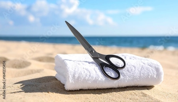 Obraz Beach towel and scissors on sand (1)