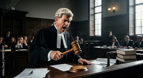 Fototapeta Angry judge using gravel to make silence in a courtroom