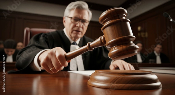 Fototapeta Judge using gravel to make silence in a courtroom
