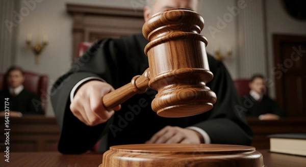 Fototapeta Judge using gravel to make silence in a courtroom