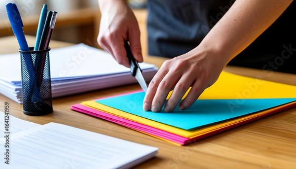 Fototapeta Left-Handed Person Precisely Cutting Colorful Paper with Specialized Scissors