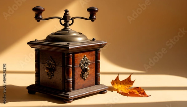 Fototapeta Antique Wooden Coffee Grinder with Autumn Leaves Still Life
