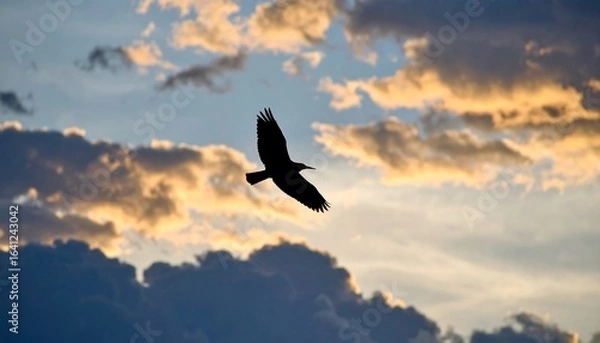 Obraz Bird soars through sunset clouds