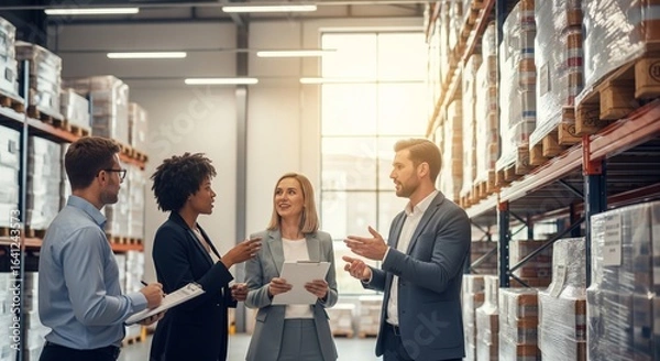Obraz Diverse professionals discuss logistics in modern warehouse setting