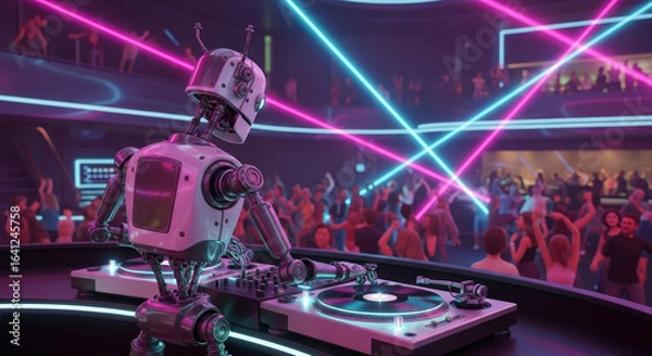 Fototapeta Modern robotic DJ performing in a nightclub with neon lights and a dancing crowd, a futuristic digital painting with a vibrant atmosphere