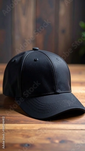 Obraz Black baseball cap on wooden surface