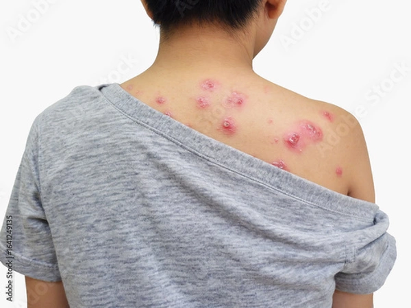 Obraz Shingles rash on the back of a man isolated on white background