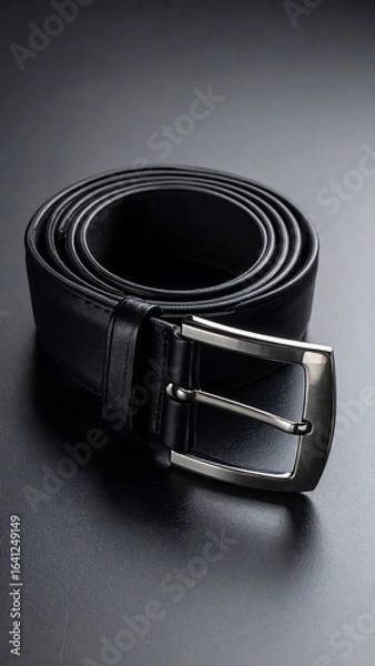 Obraz Black leather belt, coiled, on dark surface