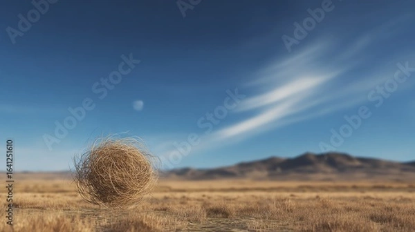 Obraz A tumbleweed rolls across a vast desert landscape under a bright blue sky with distant mountains.