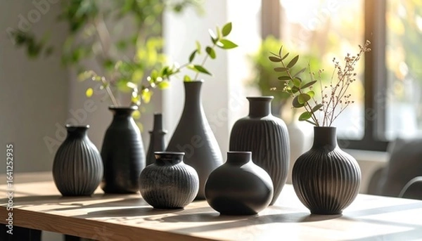 Obraz Black vases with foliage