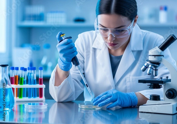 Obraz Female scientist working with pipette and microscope in laboratory