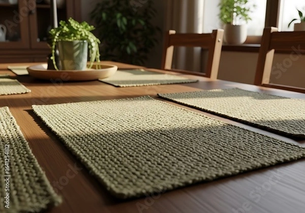 Fototapeta Wooden dining table with placemats and chairs in natural light