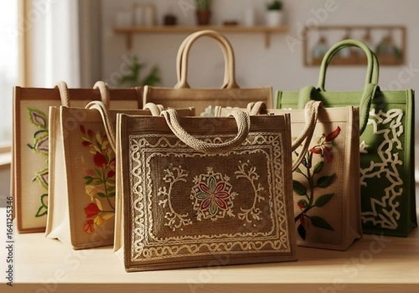 Fototapeta Collection of decorative jute shopping bags with handles