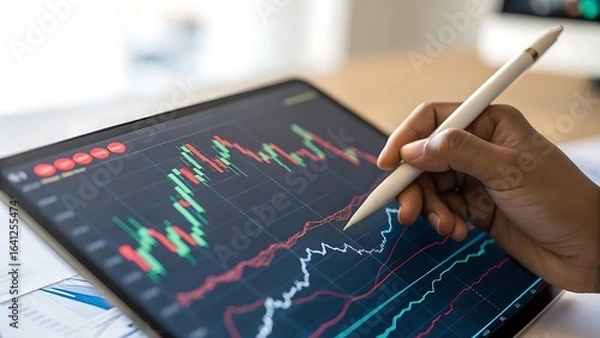 Fototapeta Hand analyzing stock market trading chart on tablet screen