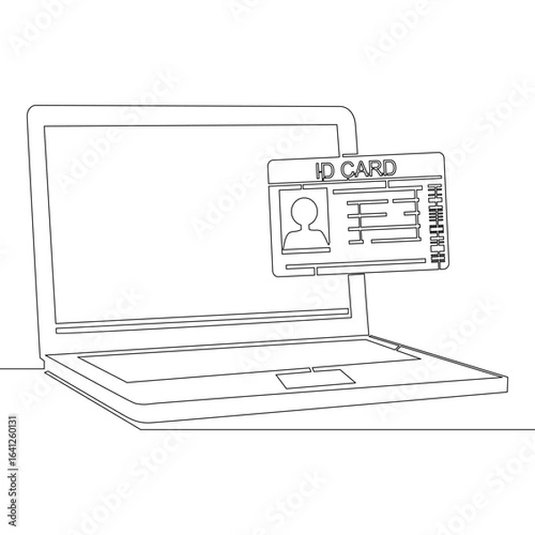 Fototapeta Continuous one single line drawing Laptop with identification ID card icon vector illustration concept