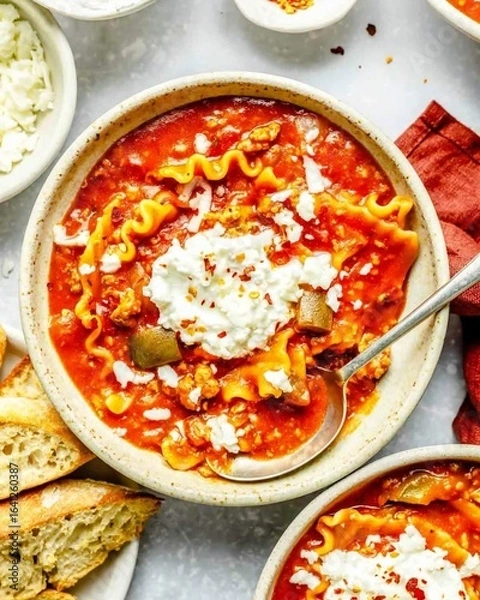 Fototapeta Lasagna Soup with Ricotta and Bread