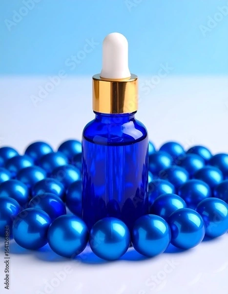 Obraz Blue serum bottle, surrounded by beads