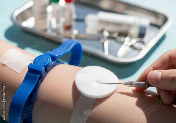Obraz Closeup of doctor injecting patient with needle for blood test