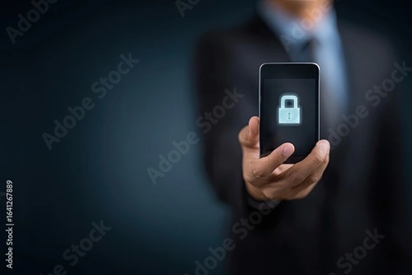 Fototapeta Businessman holding a phone with a lock icon