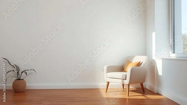 Obraz Minimalist living room corner featuring a single armchair, embodying simplicity and calm.