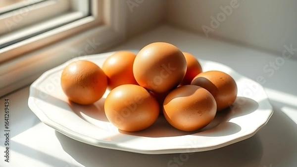 Obraz Fresh brown eggs arranged neatly on a white ceramic plate, bathed in natural light.
