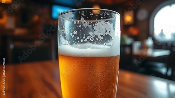 Obraz Close-up of a frosted beer glass with glistening condensation, evoking a cozy and inviting tavern atmosphere.
