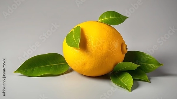 Obraz Vibrant yellow lemon with fresh green leaves, highlighted against a light grey background.